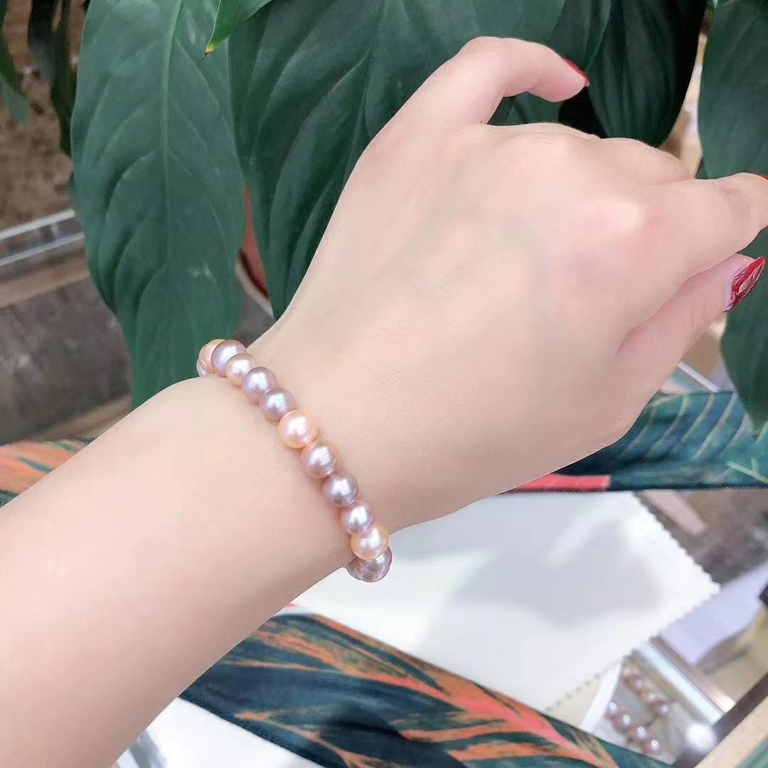7一8mm淡水近圆无瑕彩色珍珠手链可弹力伸缩佩戴方便