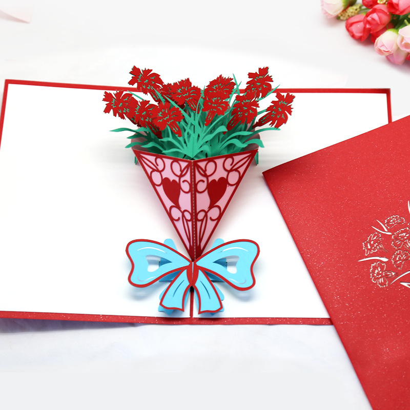 创意母亲节3d贺卡立体贺卡康乃馨手工镂空纸雕节日贺卡定制