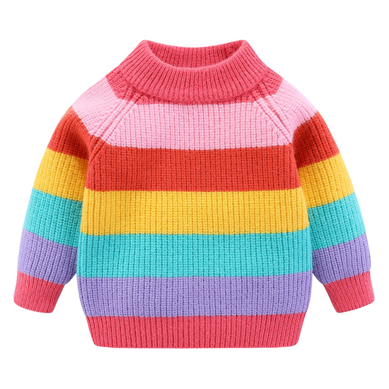女童针织衫2019新款儿童彩虹条纹圆领毛衣男童套头条纹针织毛衣
