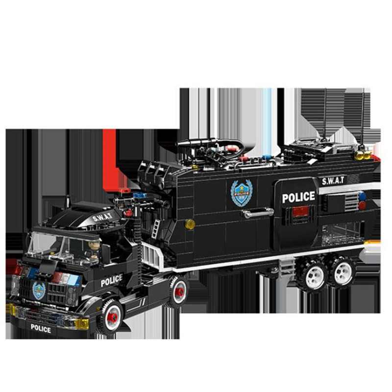 新款拼装特警战队战盾特警移动指挥车 中小学生拼装沃马积木玩具