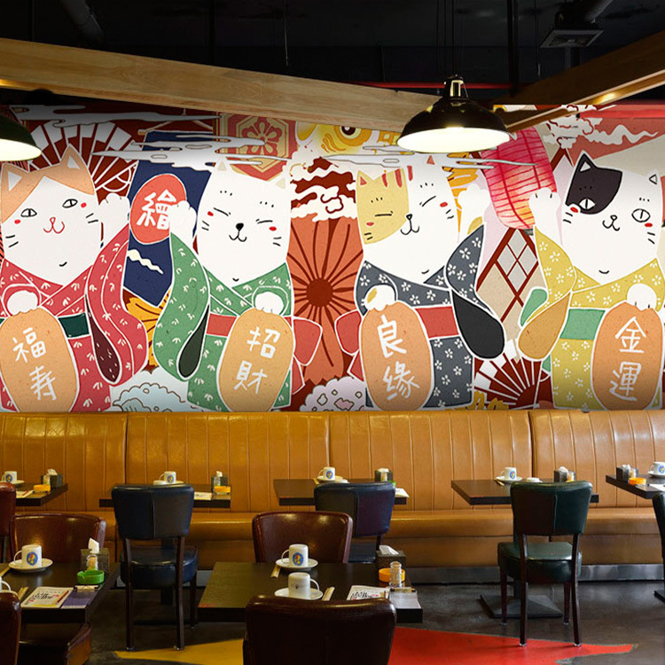 日式餐厅料理店墙纸手绘日系猫咪壁纸和风居酒屋日本寿司店墙布