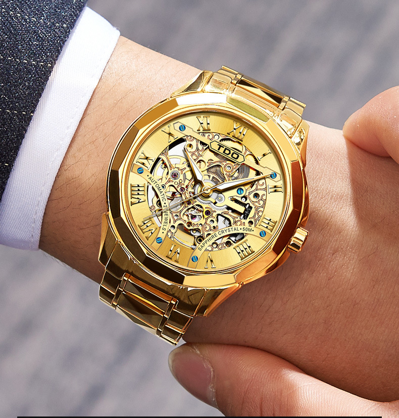 包邮迪度品牌手表全自动机械表夜光镂空防水钨钢男士手表男表 钢带间