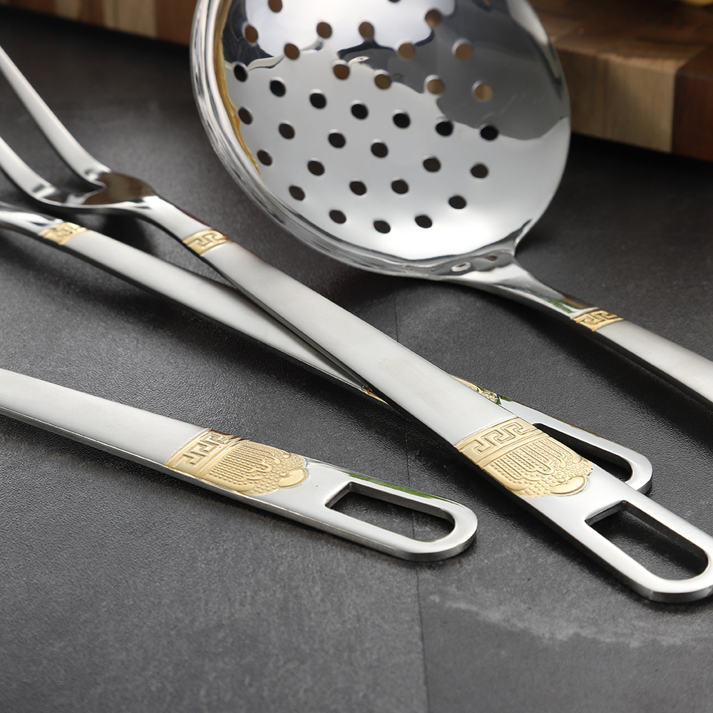 镀金花纹不锈钢厨具7件套厨房用具汤勺漏勺烹饪勺铲礼品套装定制