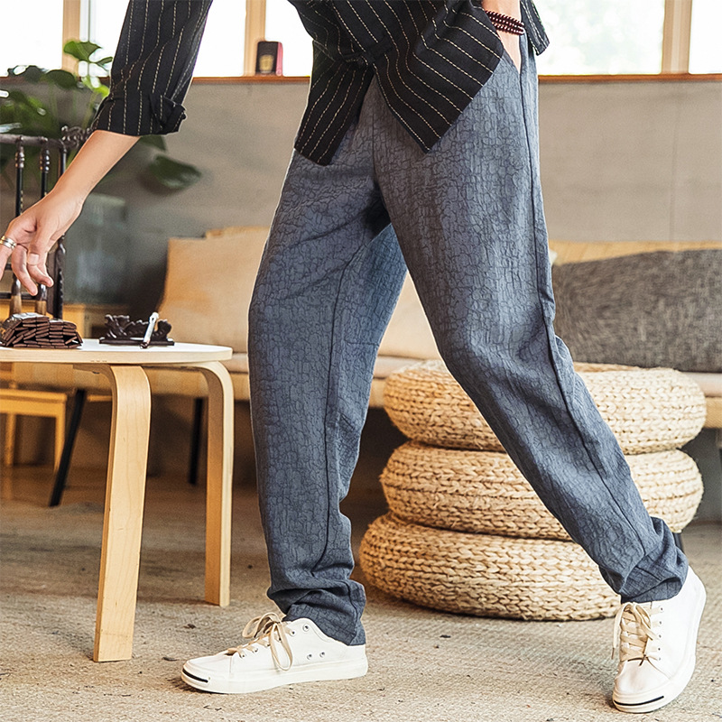 亚麻裤男裤秋季中国风男装运动休闲直筒裤宽松大码哈伦裤棉麻裤子