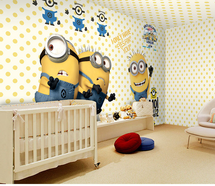 卡通小黄人墙纸儿童房童装店教室酒店影院背景墙壁纸神偷奶爸壁画