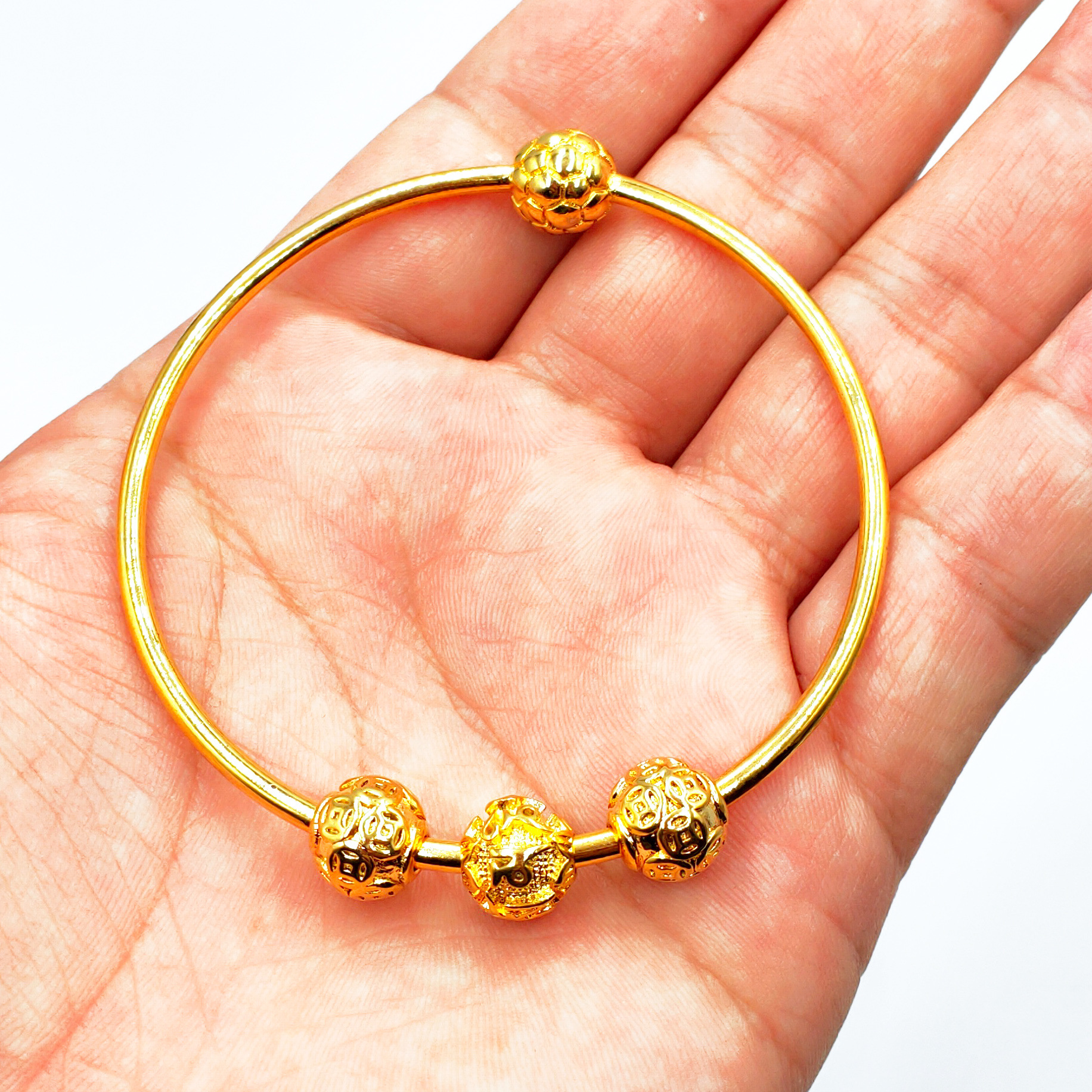 新款沙金潘家手镯 越南沙金手环快手热卖爆款光面空心串珠手环