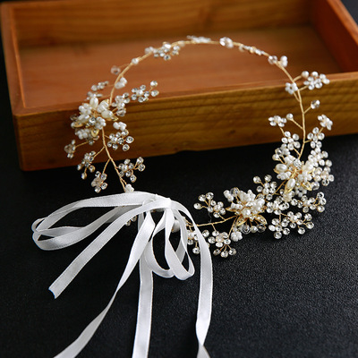 韩式新娘婚礼头饰 珍珠手工软链发带发饰