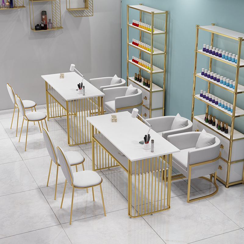 北欧简约大理石美甲桌 美甲店双层双人美甲台简约网红修甲台定制