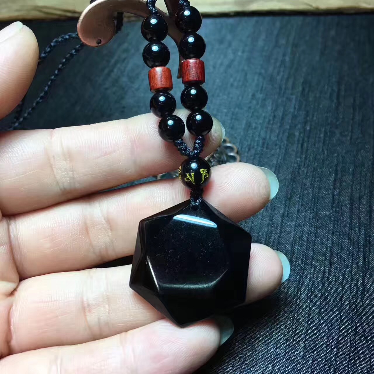 天然黑曜石六芒星吊坠 纯黑耀石大卫星 六角菱形吊坠 黑曜平安