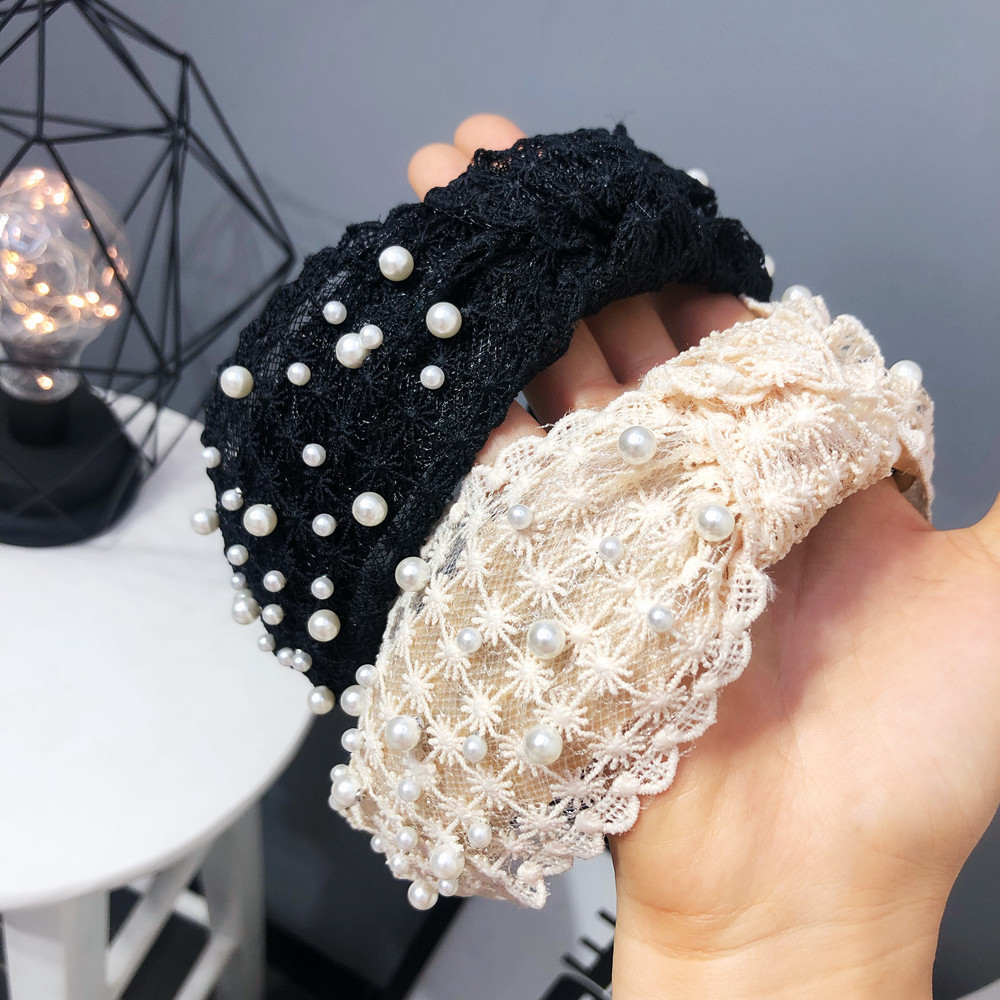 B267 Trendy Hair Accessories Wholesale Lace Lace Knotted Hair Hoop Wide Brim Korean Style Head Buckle Buckle Stud Pearl Korean Style Head Buckle Women