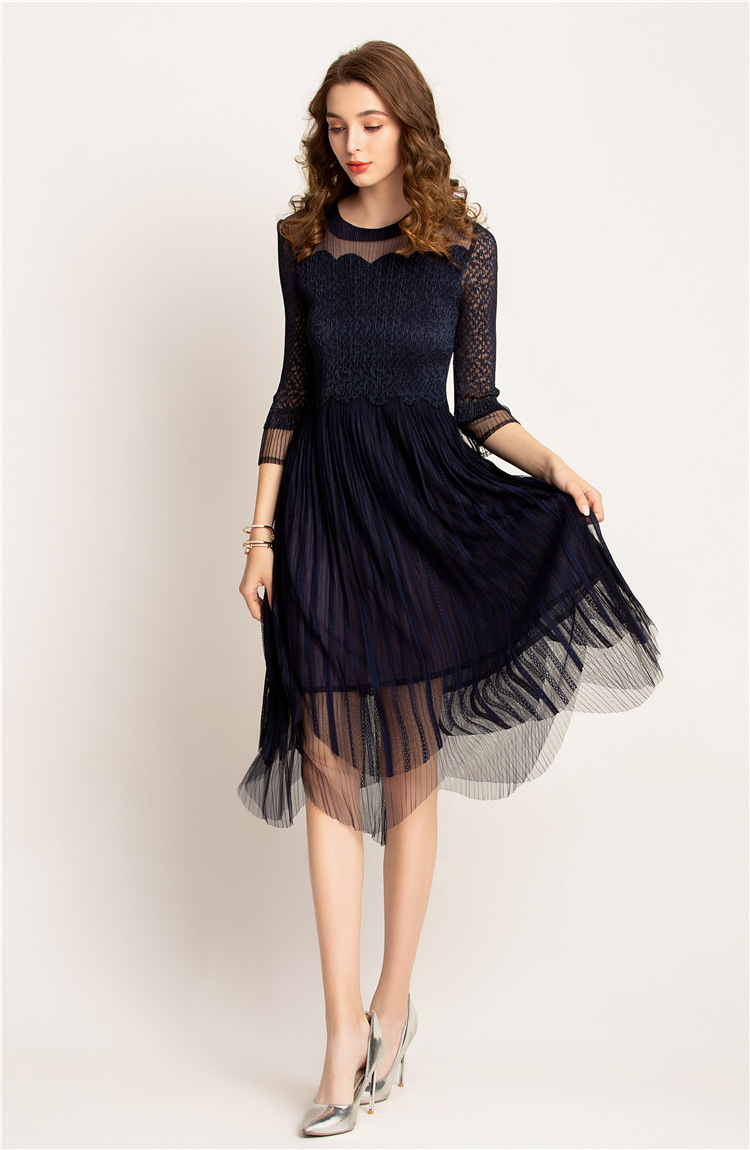 k81234下摆花瓣网纱拼蕾丝连衣裙嘉柠2019新款轻熟女礼服