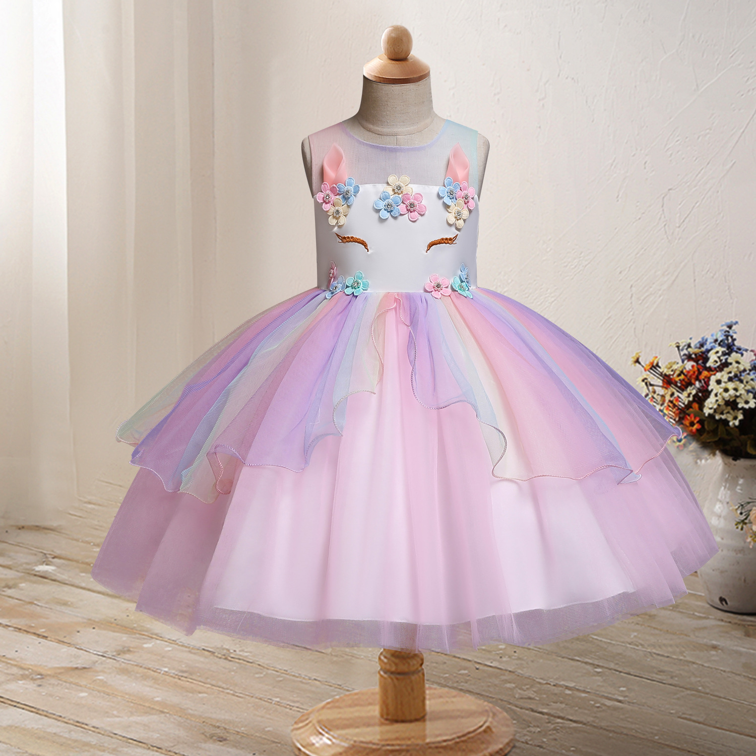 亚马逊热款欧美跨境女童独角兽礼服公主裙中大童连衣裙girl dress