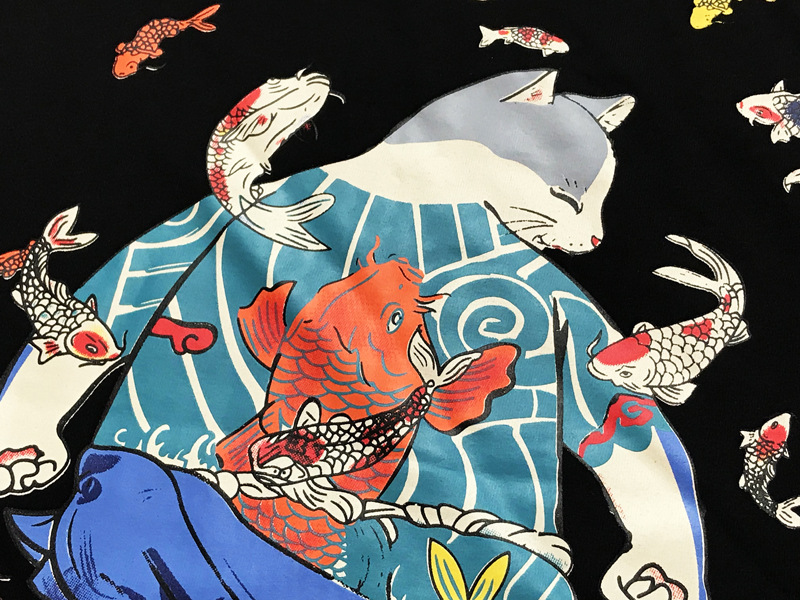 日本日系浮世绘鲤鱼围绕纹身刺青武士猫 潮男女装纯棉圆领短袖t恤