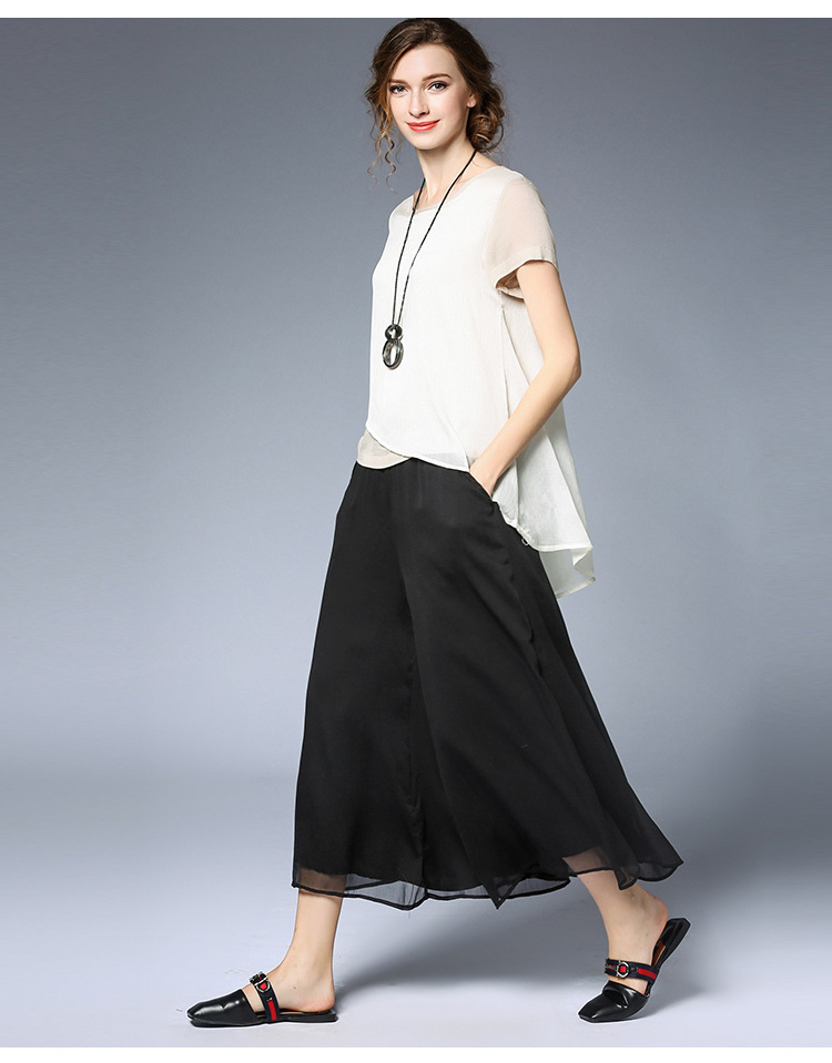 欧美女装2020夏季新款胖mm大码雪纺裤裙松紧腰阔腿九分裙裤6391