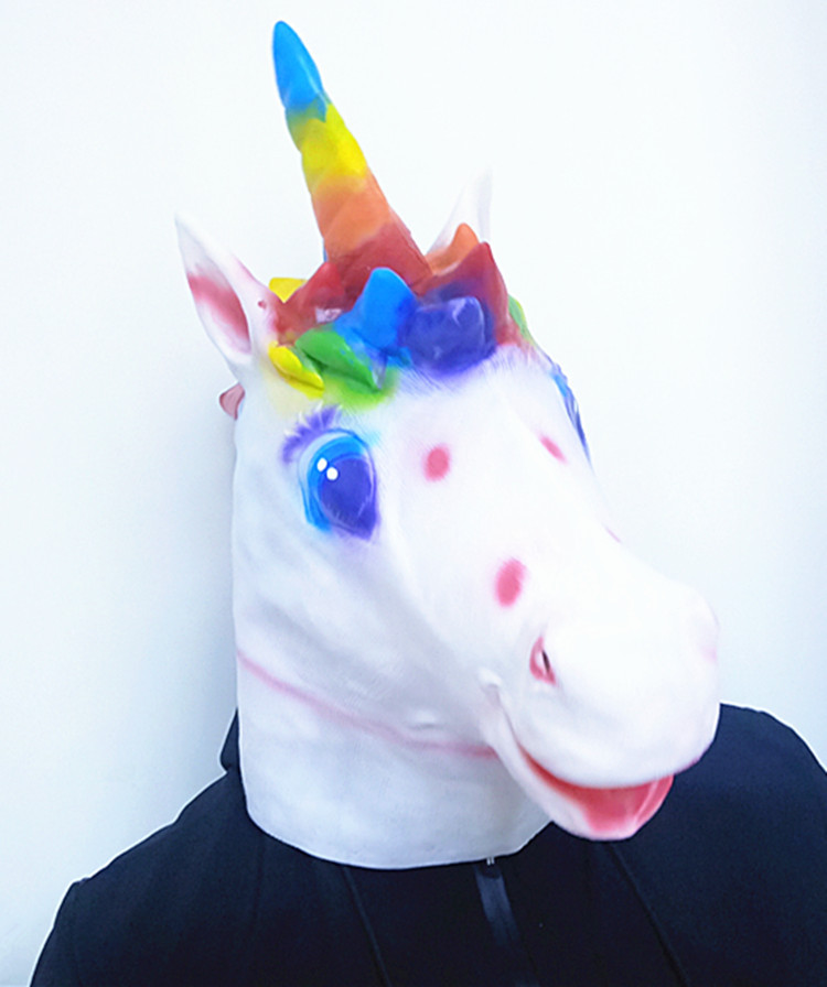 独角兽面具彩虹独角兽头套七彩马头万圣节动物头套乳胶恐怖面具派