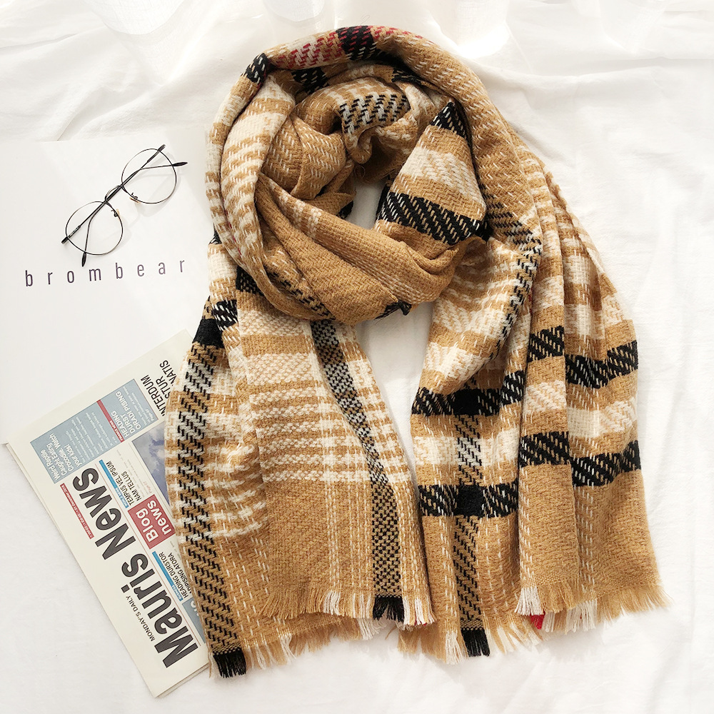 韩国绒仿羊绒色织围巾女秋冬季超大日系加厚百搭英伦格子编织披肩