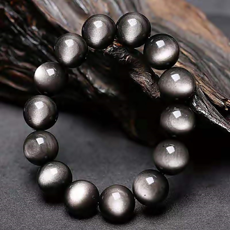 天然水晶银曜石手链 男女情侣黑曜石双圆眼手链 珠子直径8-16mm