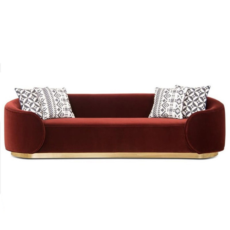 新古典枣红色丝绒三人弧形网红沙发港式酒店大堂设计师样板间家具