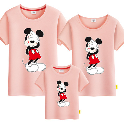 卡通米奇亲子装夏装纯棉大码黑白米奇母女母子短袖t恤一家三口装