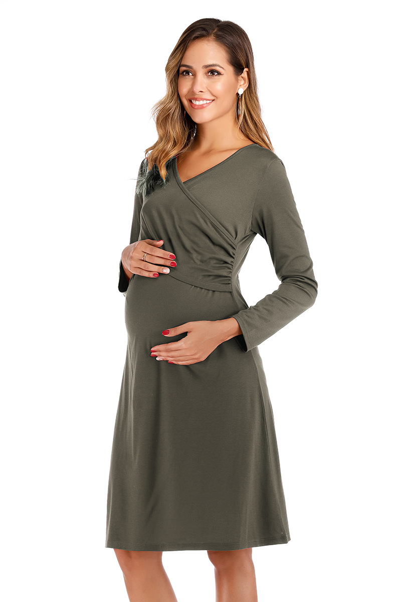 欧美外贸爆版 速卖通wish热卖胸前交叉v领孕妇装长袖哺乳衣孕妇裙