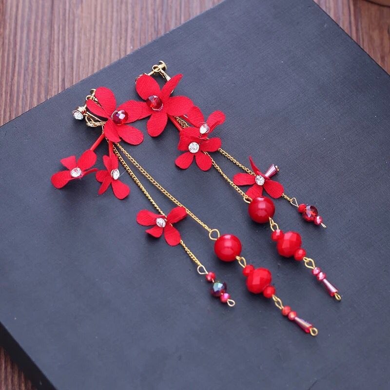 新娘耳夹红色娟纱花朵耳挂中式长款流苏耳环结婚敬酒礼服耳饰配饰