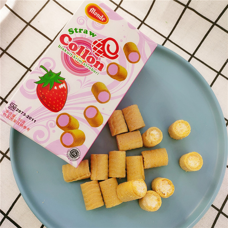 梦得印尼进口草莓味注心饼干夹心卷喜铺配品50克/盒 整箱40盒