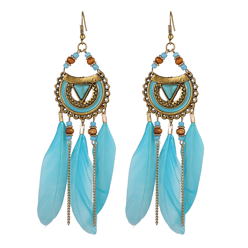 Wish Supply Semicircle Alloy Feather Earrings European and American Popular Long Bead Earrings with Turquoise Ethnic Style Jewelry