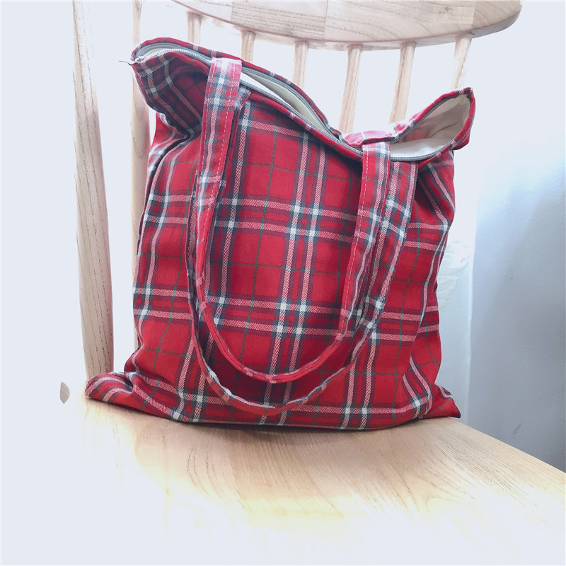 【归蝶布包】韩版格子拉链布袋斜挎单肩布包女文艺学生潮流百搭