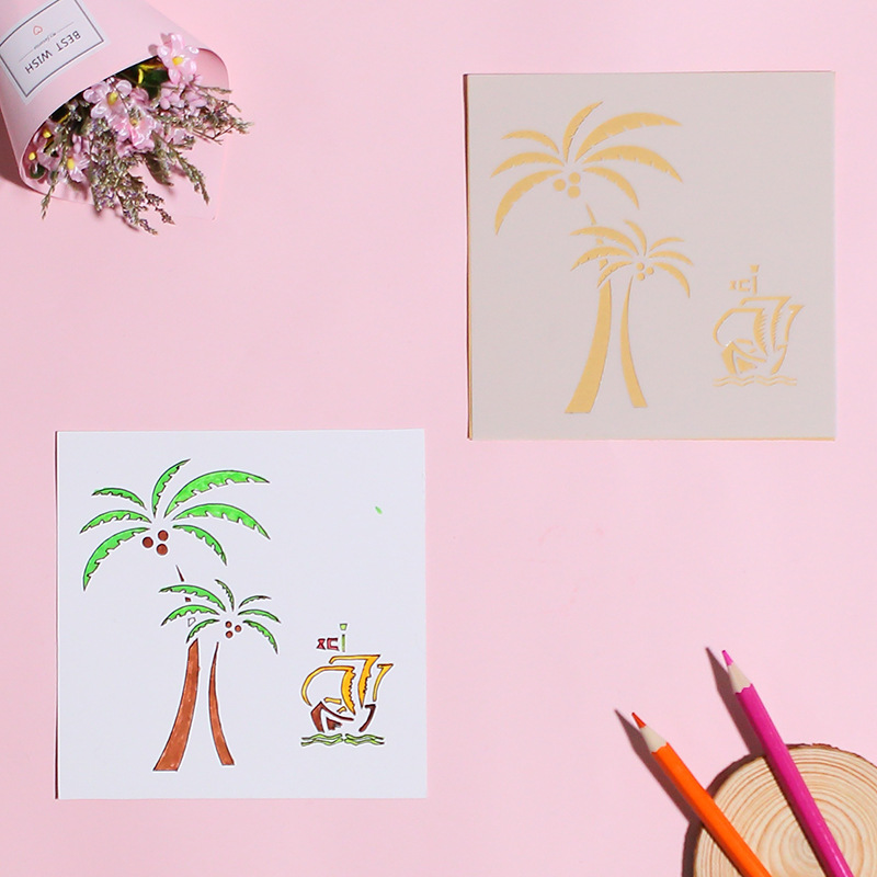 钻石小花椰树手抄报镂空绘画模板diy相册绘图工具儿童绘图模板