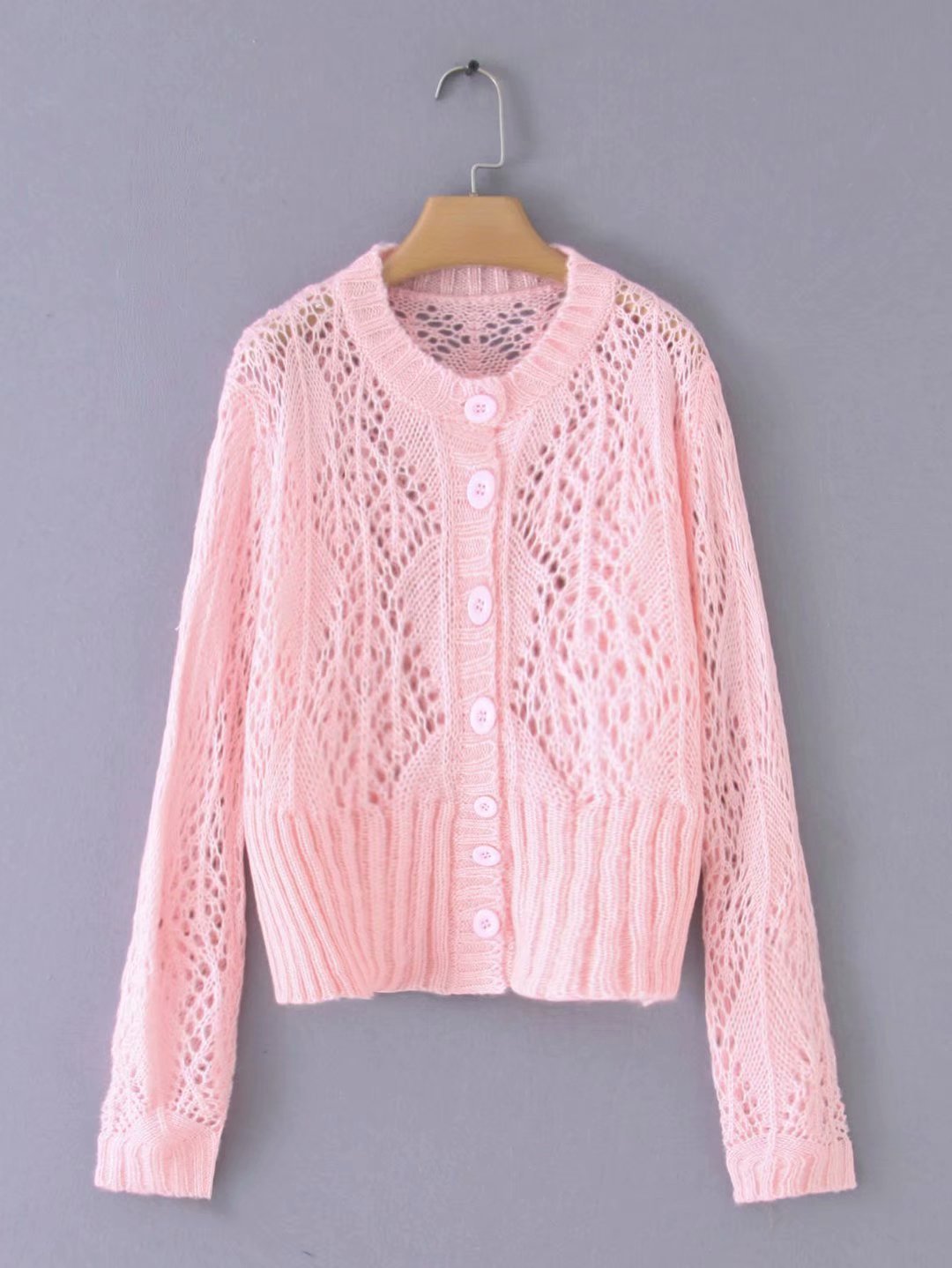 夏季新款欧美女装时尚纯色镂空马海毛单排扣收腰毛衣开衫w1378