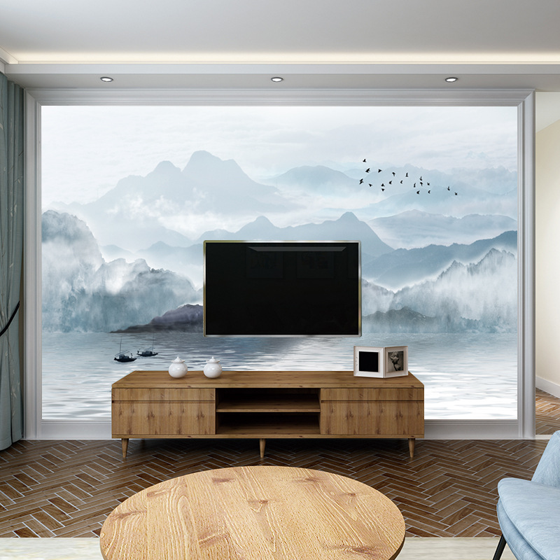 布在画下壁纸来图定制新中式电视背景墙壁画8d客厅沙发无纺布墙纸