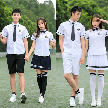 白色短袖黑边衬衣男女校服套装格子短裙jk制服高中学生学院风班服
