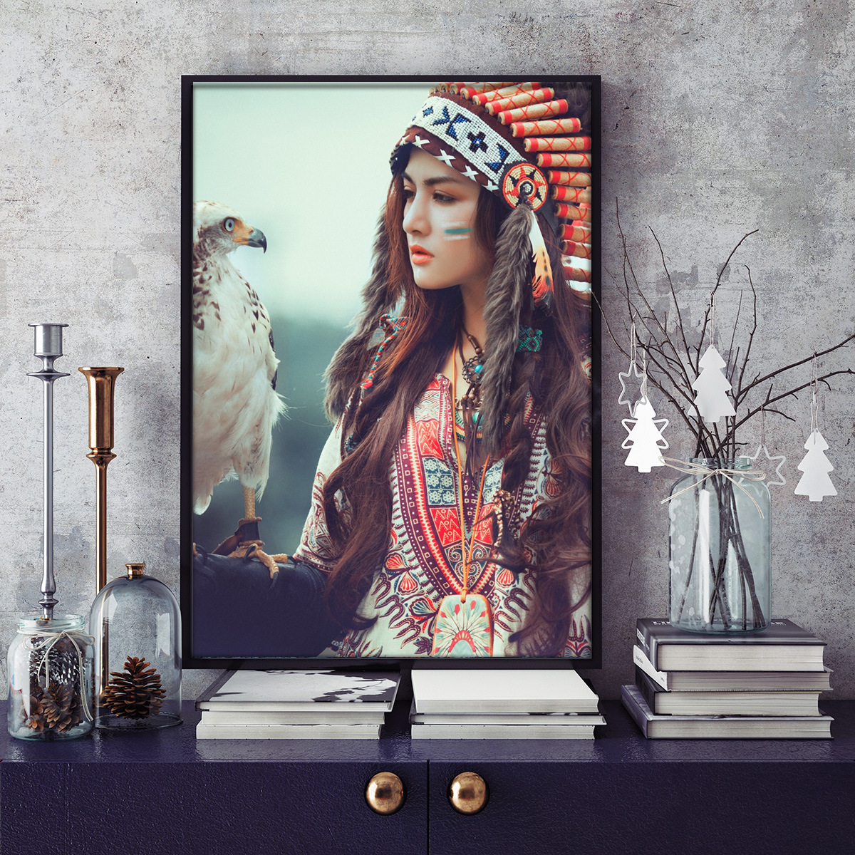 跨境联画wish aliexpress卧室现在简约 印第安人美女和鹰家居油画