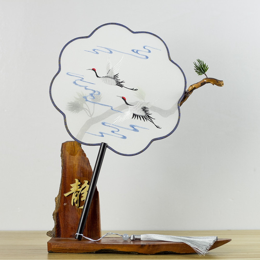 古典丝质透明古扇紫光檀实木手柄刺绣古风团扇汉服配饰异型扇圆扇