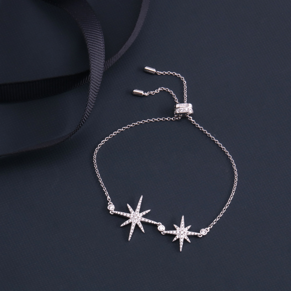 a家新款925银镶钻手链纯银六芒星手饰可调节八芒星手链银饰批发