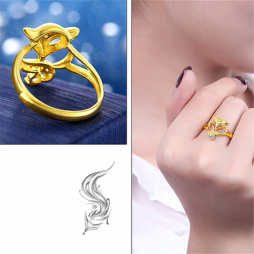韩版镀黄金戒指女 狐狸戒指镀金镶嵌锆石漂亮可爱女士礼物婚庆