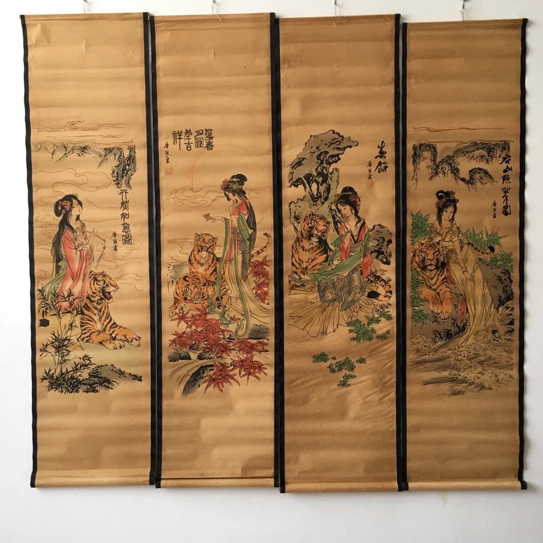 厂家批发古玩工艺品仿古做旧仿名家字画四联壁画(唐伯虎虎女)