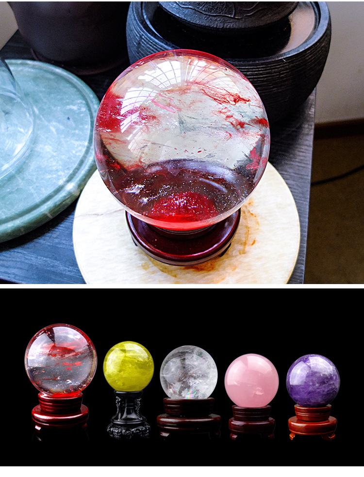 沛孚厂家直销天然红兔毛水晶球摆件风水转运招财礼品原石打磨批发