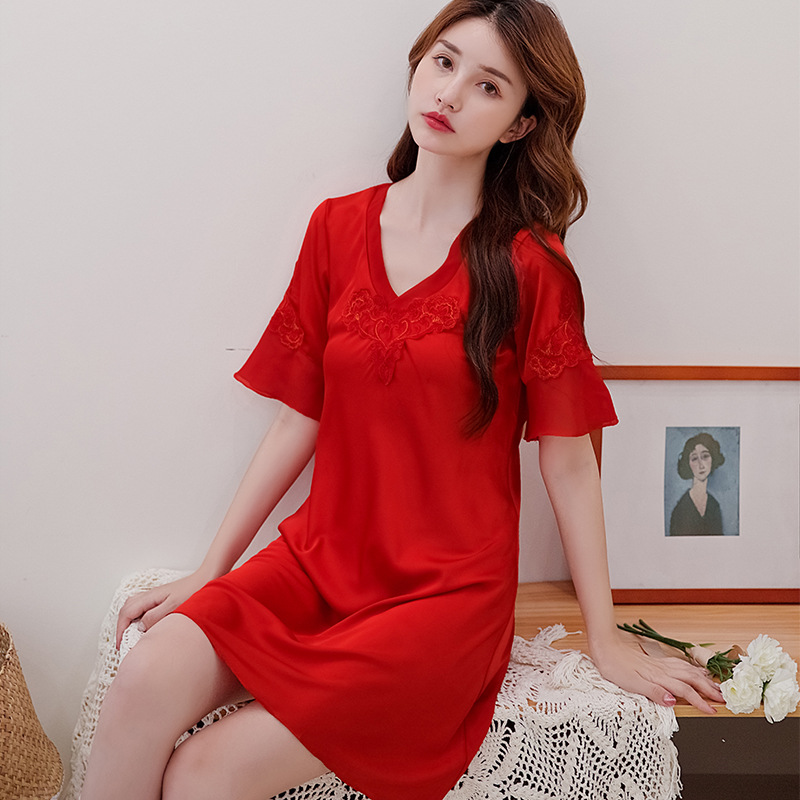 Nightdress Women's Summer Ice Silk Short Sleeve Korean Style Sweet Women's Pajamas Thin Cute Loose Home Wear Spring and Autumn 181