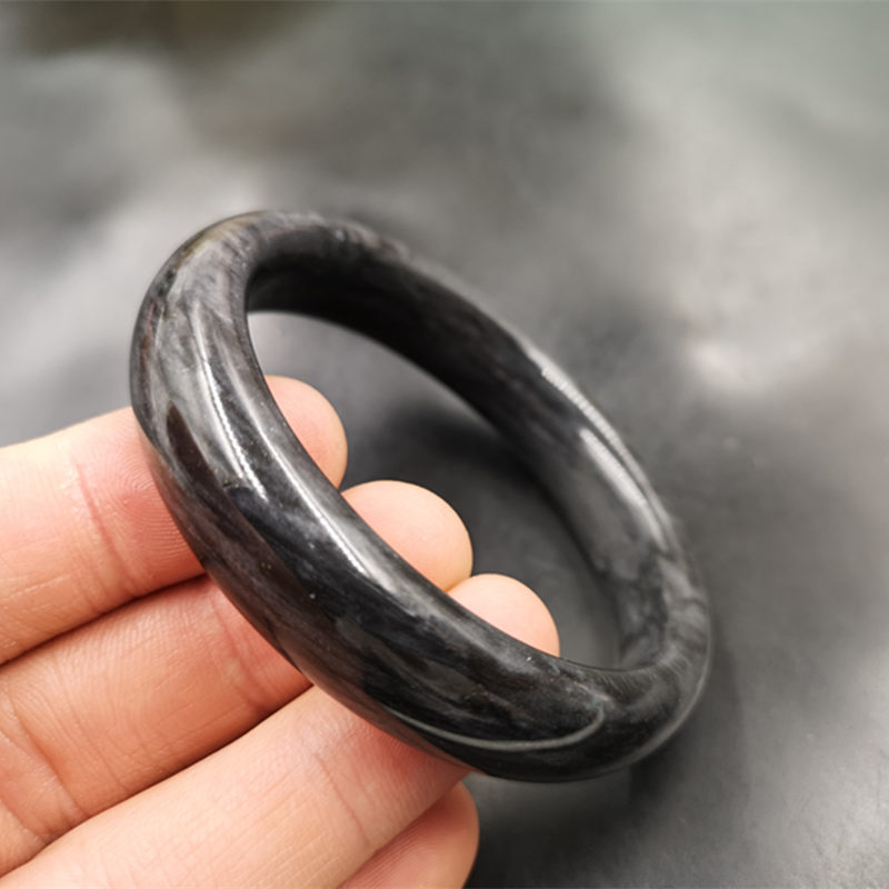 老玉匠 玉髓黑花玉手镯 女款黑色大号玉手镯 青花玉手镯