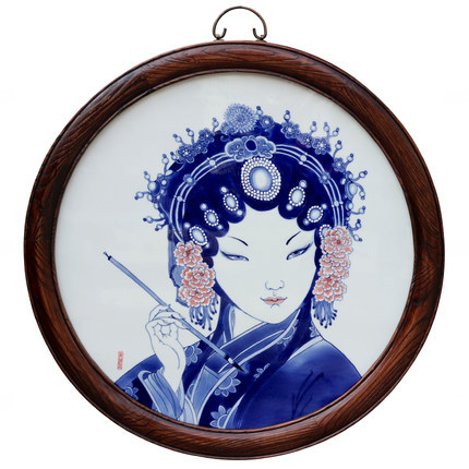 景德镇京剧脸谱花旦圆形挂画青花瓷手绘人物瓷板画家居客厅装饰画