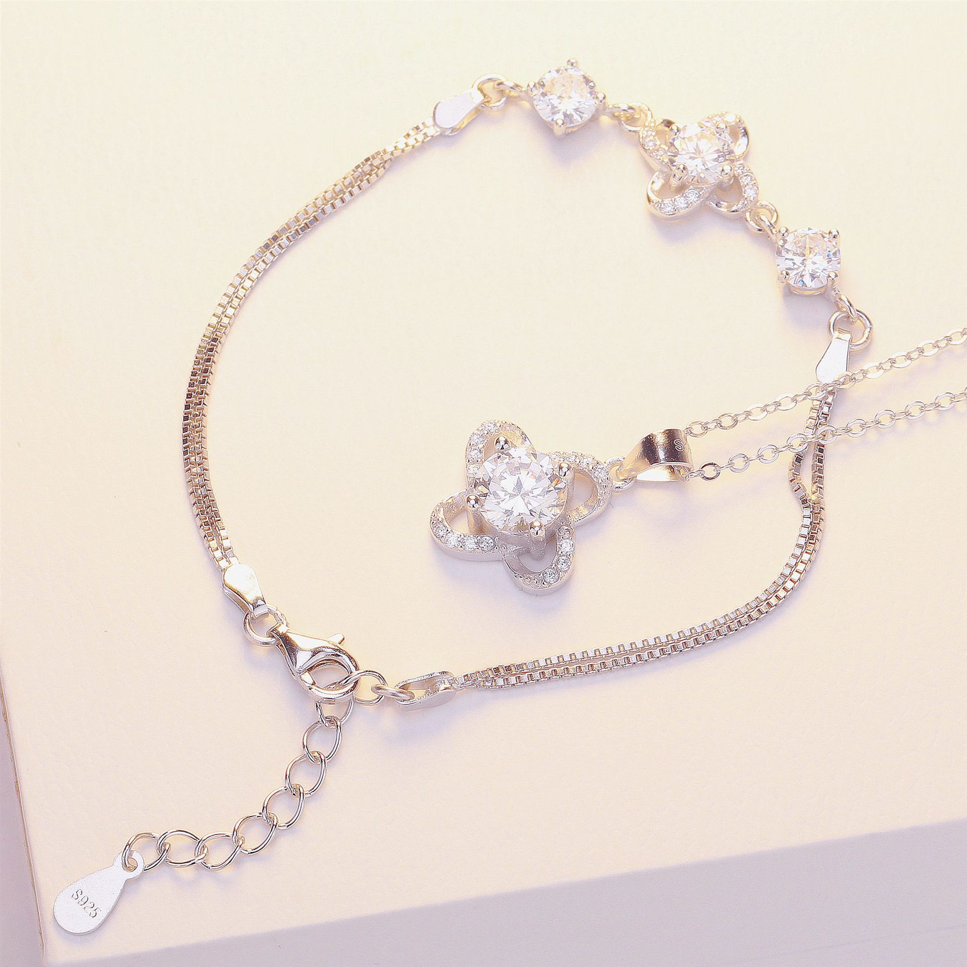 四叶草手链项链套装简约锁骨链s925纯银饰品送女朋友闺蜜纪念礼物