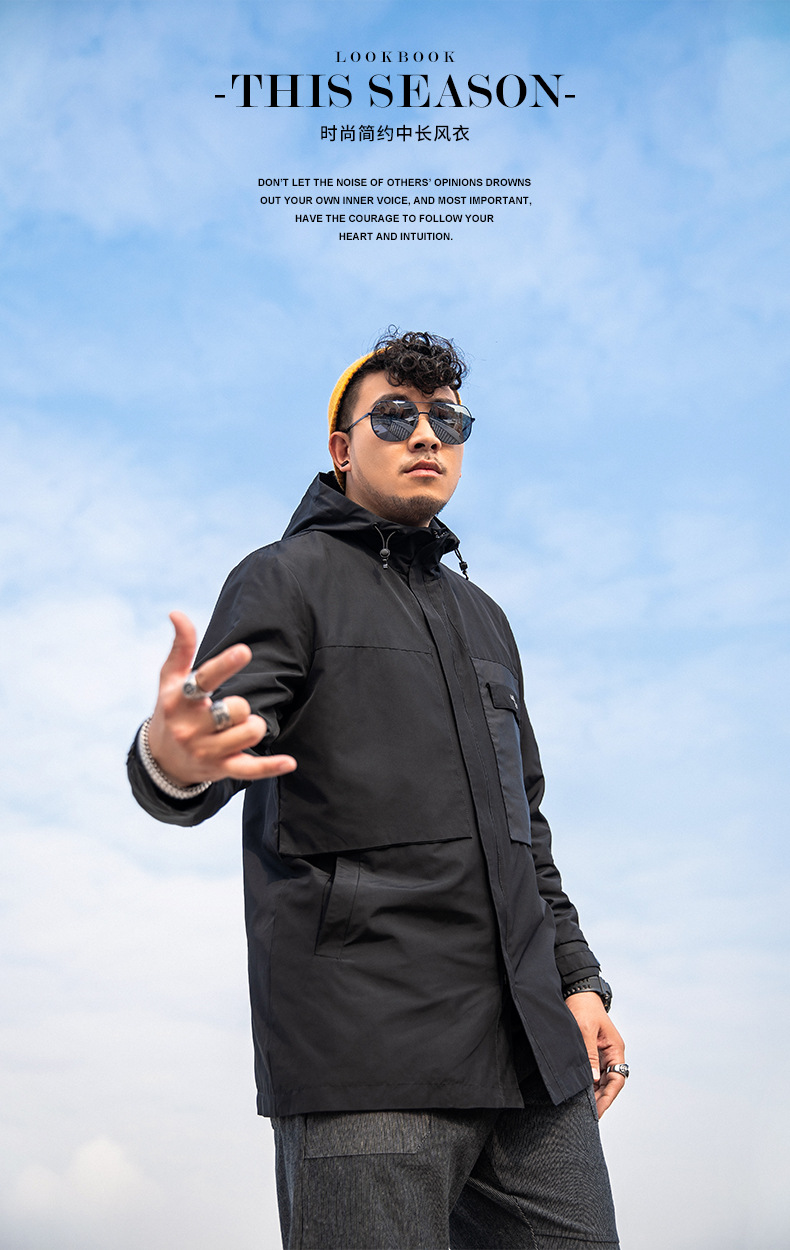 大码男装2020新款春季胖子风衣中长款黑色连帽休闲外套加肥加大码