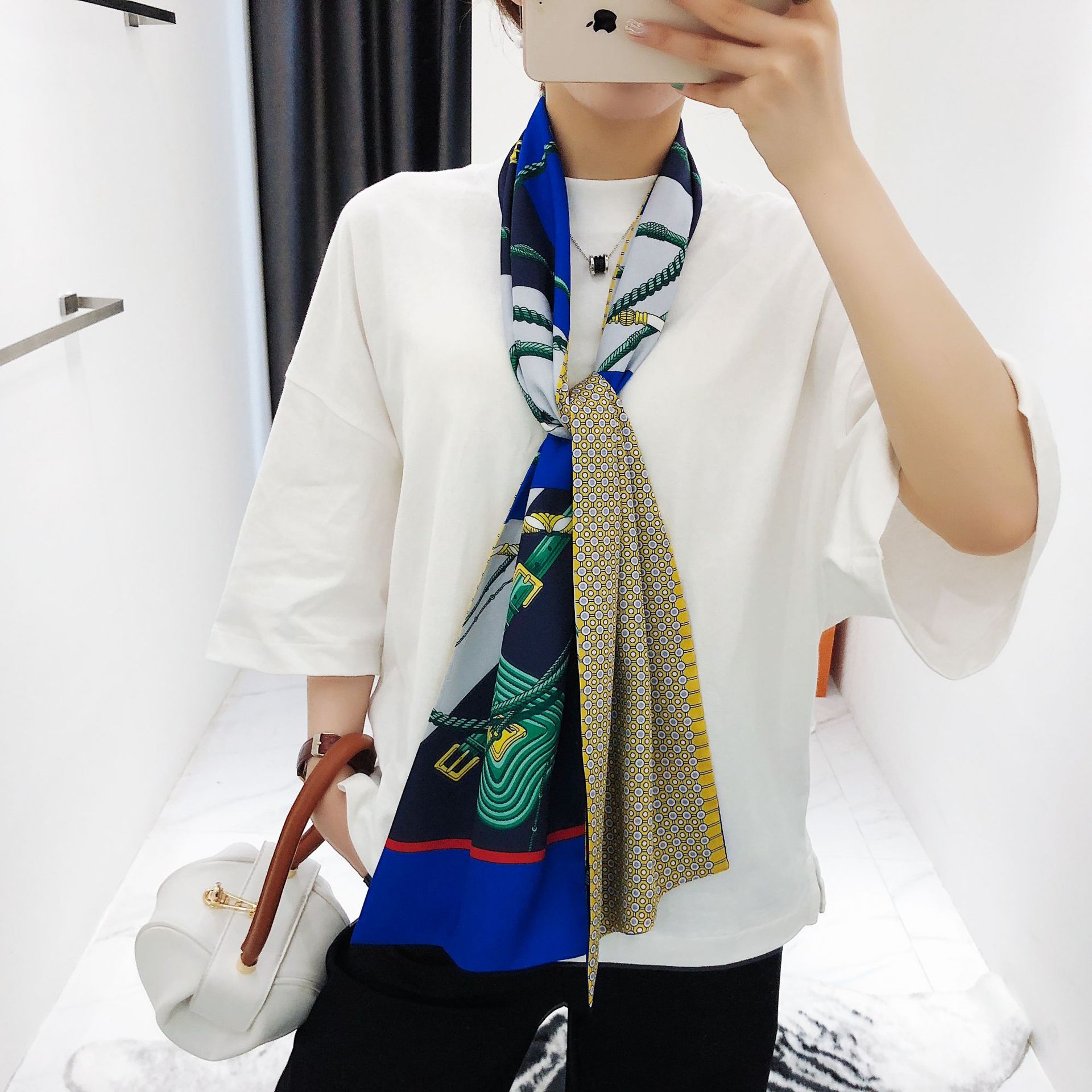 2020新款皮带链条波点双层印花斜纹绸缎女士长条丝巾领巾头巾围巾