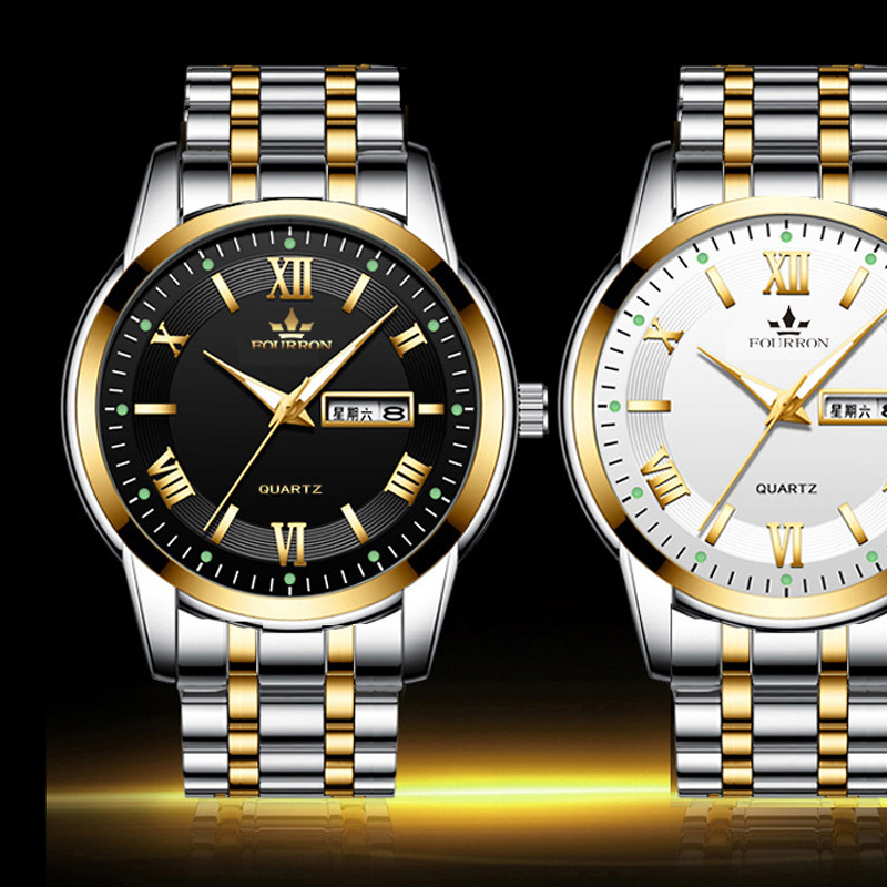 一件代发男士手表防水男表钢带双日历石英表复古手表非机械表批发