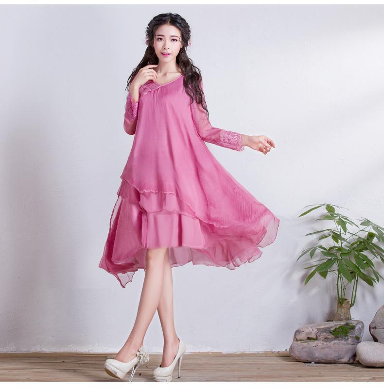 春装新款女装甜美宽松版显瘦优雅大摆雪纺系带连衣裙 梵音