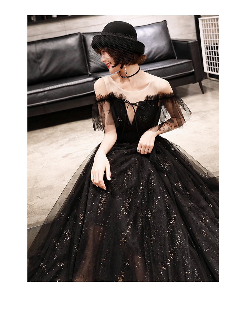 晚宴晚礼服女2019新款名媛高贵优雅一字肩黑色年会主持中长款礼服