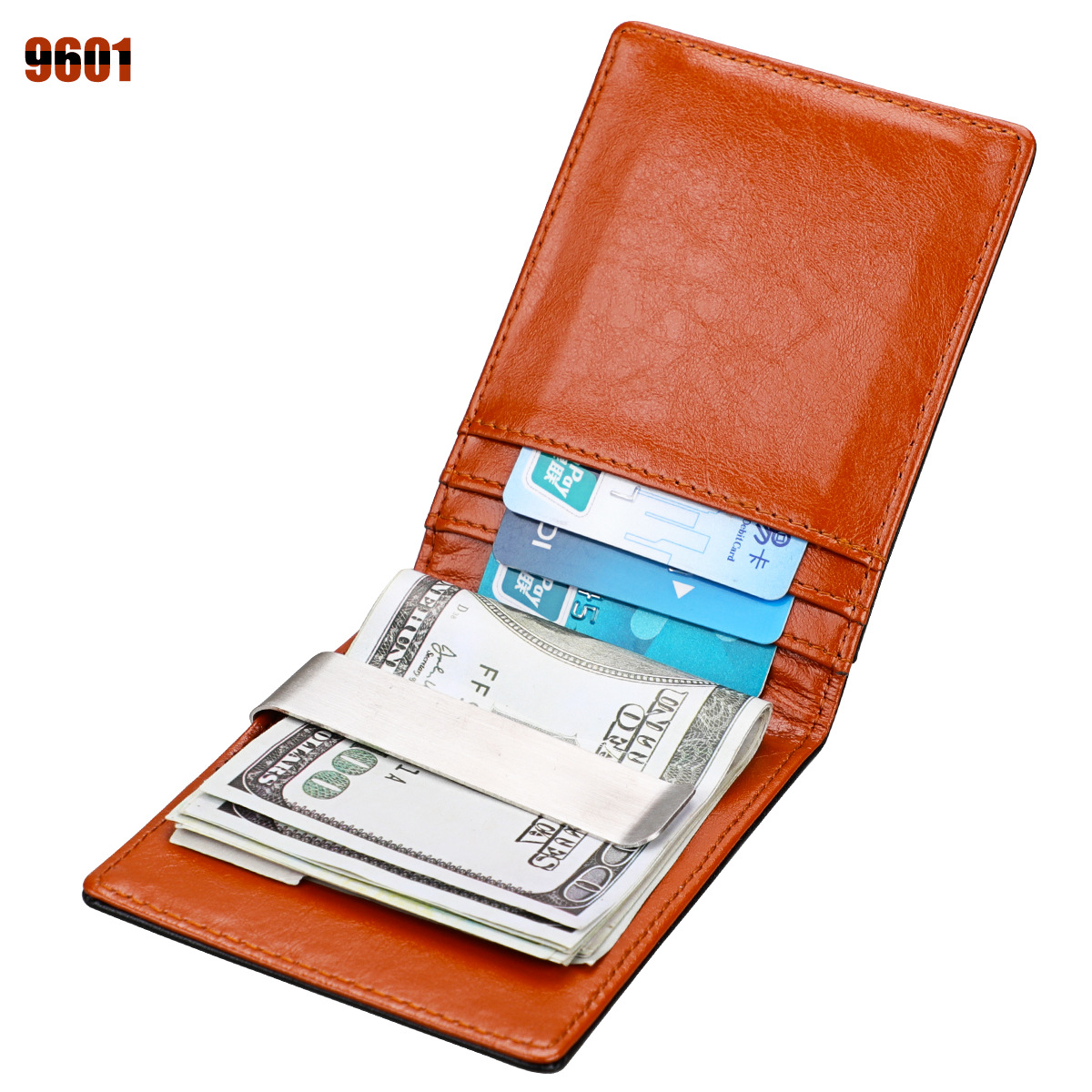 Factory Direct Sales Foreign Trade Popular Style Rfid Anti-Theft Swiping Genuine Leather Dollar Handbag European and American Compact Mini American Gold Clip Small Wallet