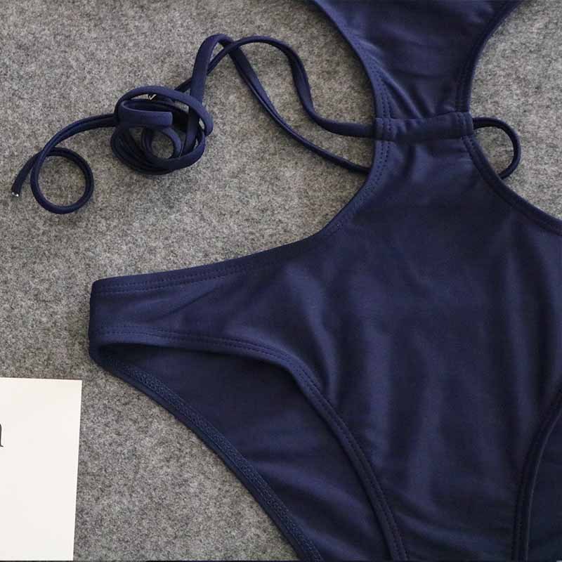 2019欧美爆款纯色连体比基尼花边性感露背女士泳衣新款绑绳bikini