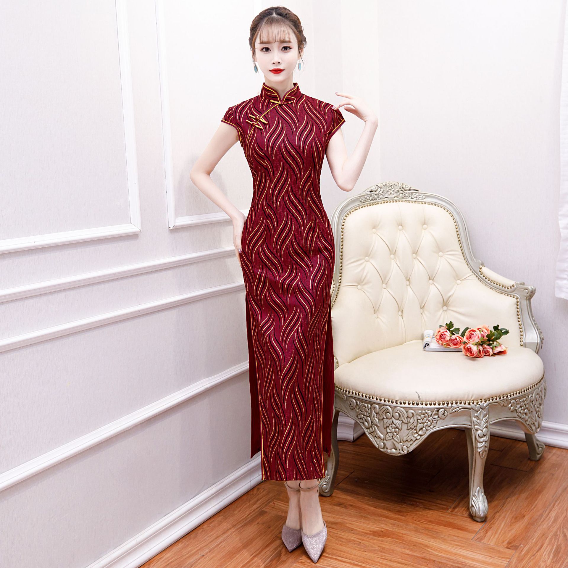 枫玫丝2019新款高端复合蕾丝少女旗袍纯色金丝复古民族风改良旗袍